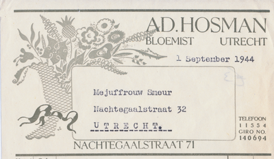 711305 Kop van een nota van Ad. Hosman, Bloemist, Nachtegaalstraat 71 te Utrecht, ten name van mej. Smeur.